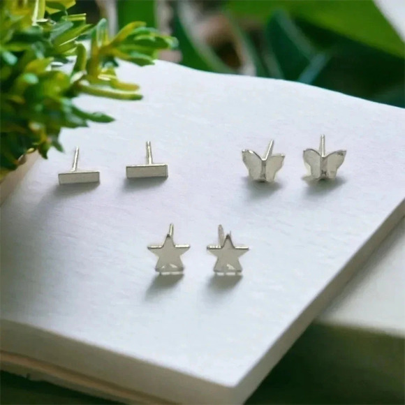 Silver Bohemian Mini Bar & Butterfly & Star Stud Earrings - Picture 1 of 12